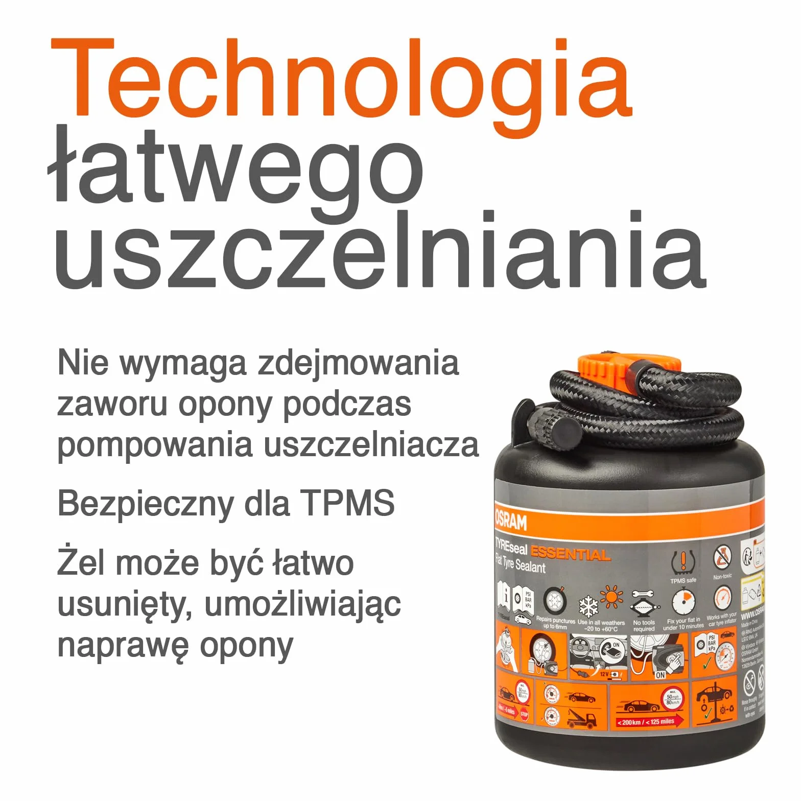 OSRAM TYREseal ESSENTIAL butelka zamienna do oryginalnego uszczelniacza do opon, wykonana zgodnie ze specyfikacją OE, naprawia przebicia do 6 mm