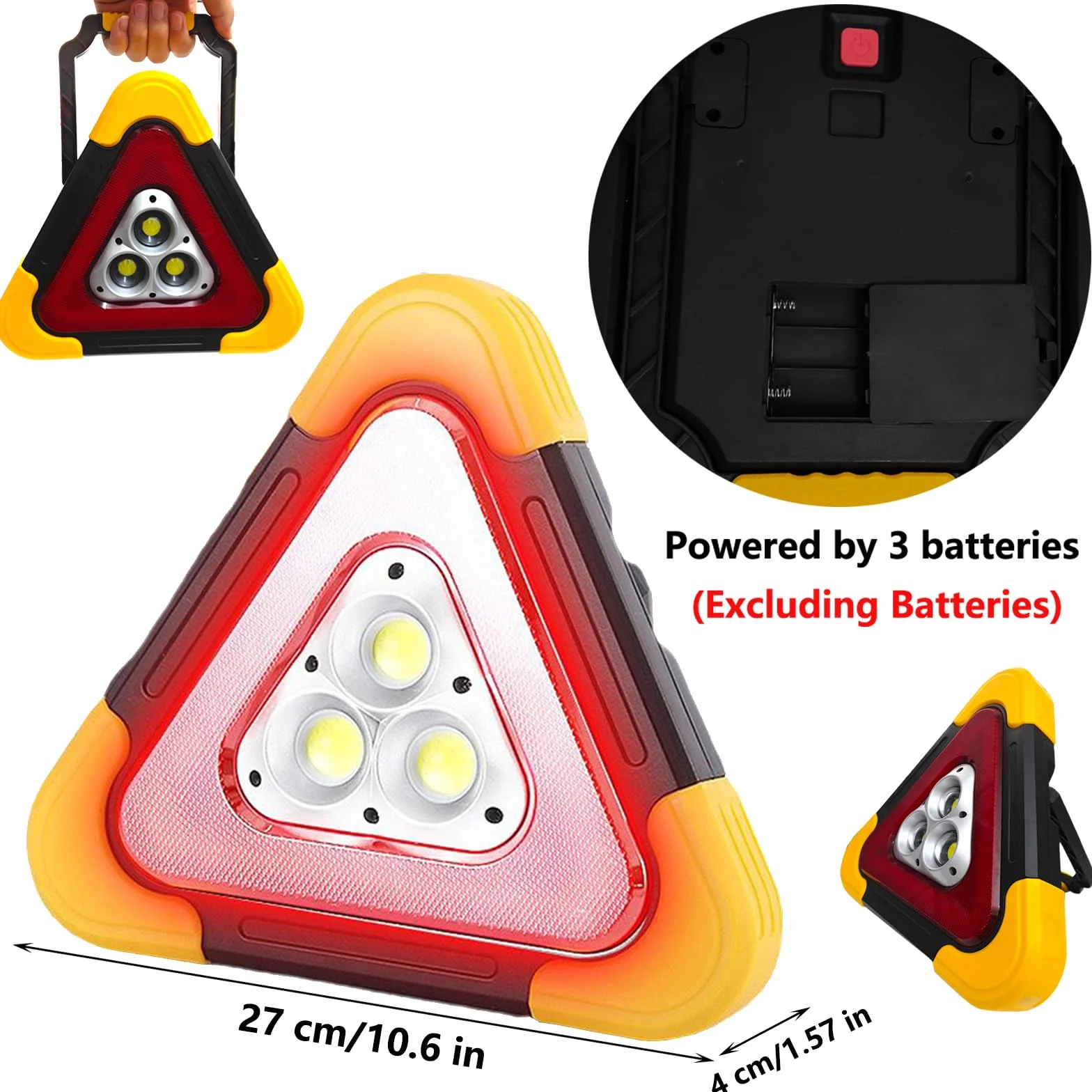 Trójkąt ostrzegawczy LED, trójkąt ostrzegawczy, 4 tryby pracy, 30 W, czerwony, trójkąt LED - wodoszczelny, odporny na uderzenia i przenośny, do awaryjnych napraw samochodów, pomoc w naprawach