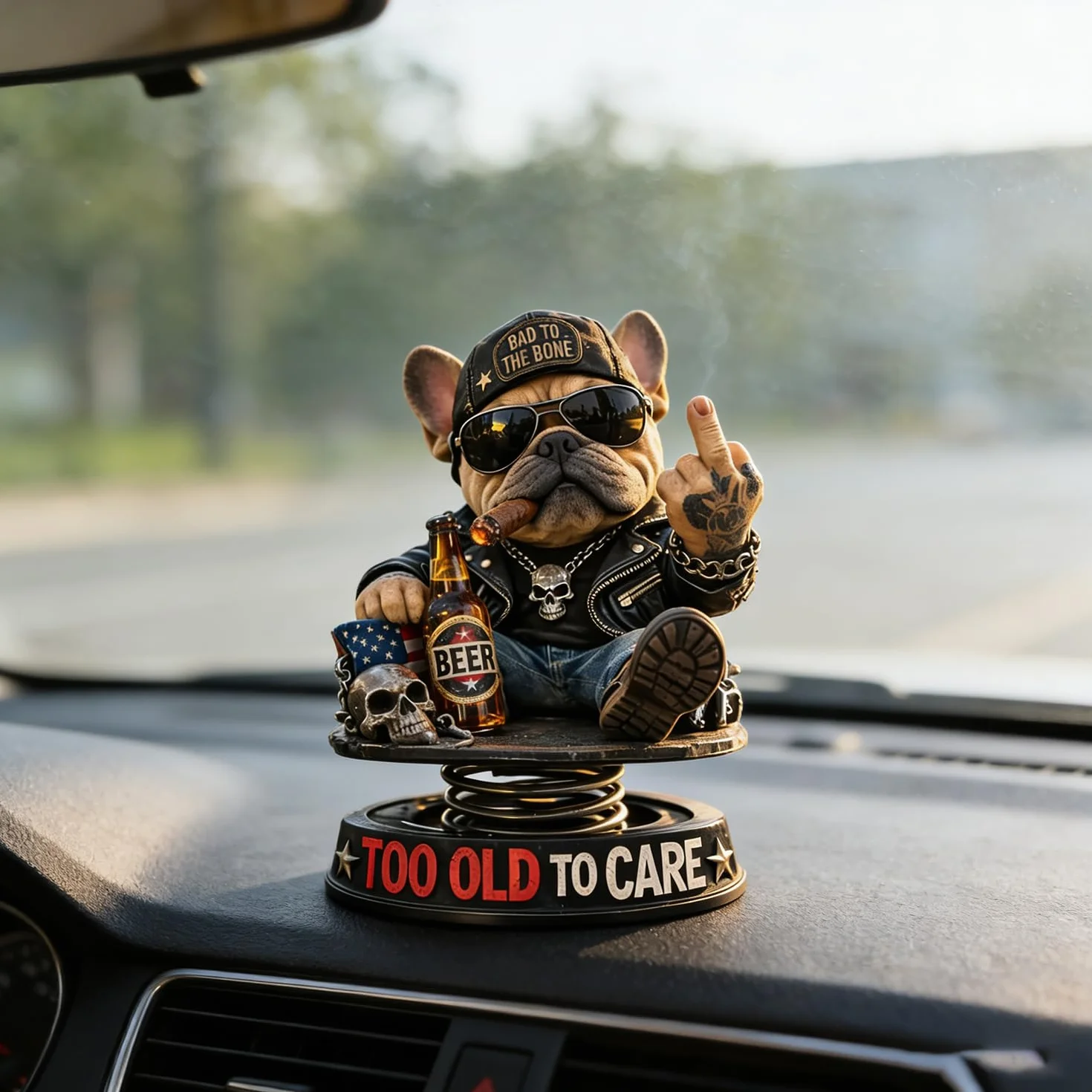 Too Old to Care Dashboard Bobblehead, interesujący buldog odnosi się do dekoracji samochodu, zabawna dekoracja deski rozdzielczej samochodu z podstawą sprężynową, humorystyczna dekoracja deski