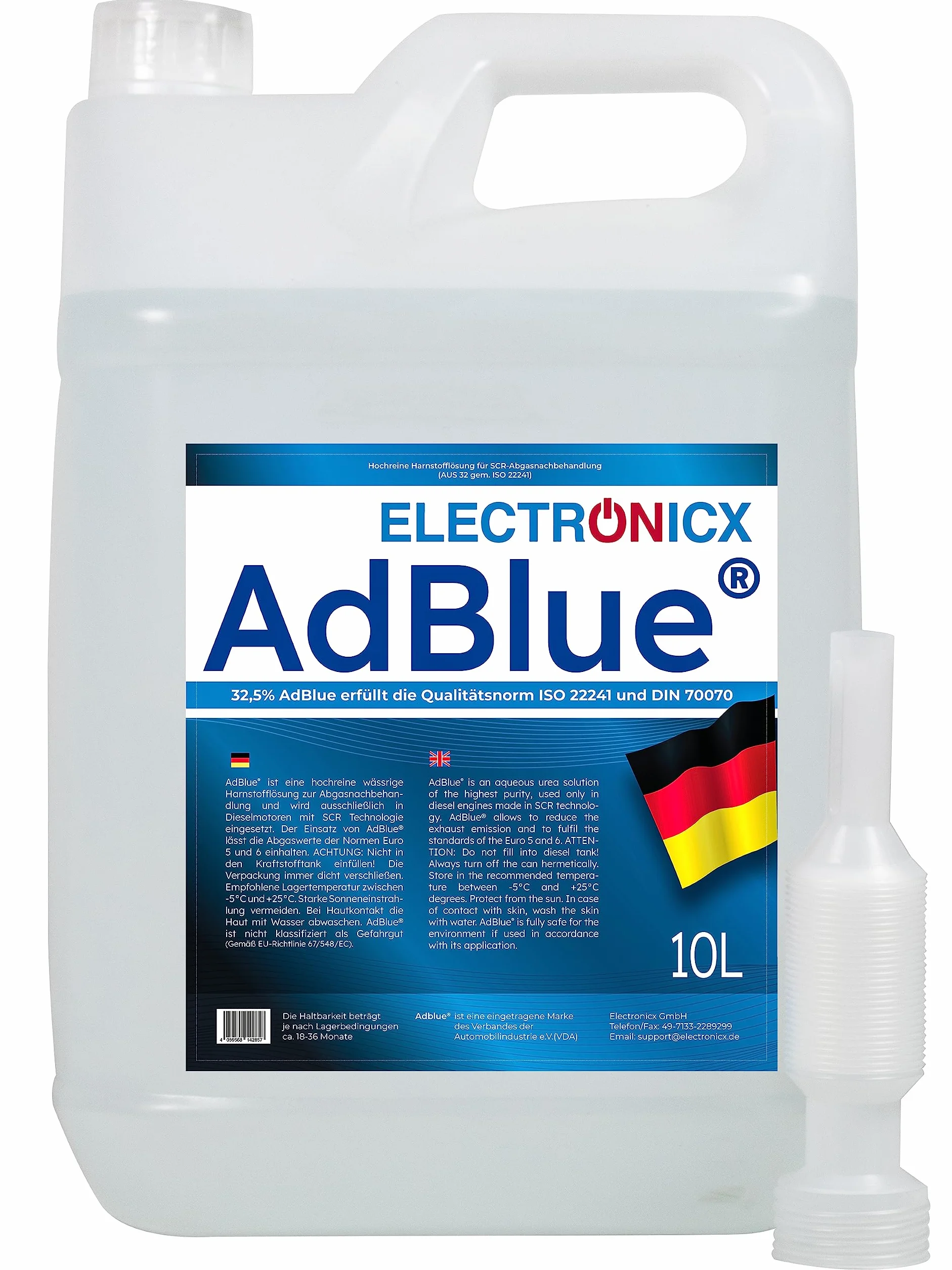 Electronicx AdBlue 10 L – 1×10 litrów roztworu mocznika do pojazdów z silnikiem Diesla – ISO 22241/1 & DIN 70070 – licencja VDA – technologia SCR – redukcja emisji – gotowy do użycia