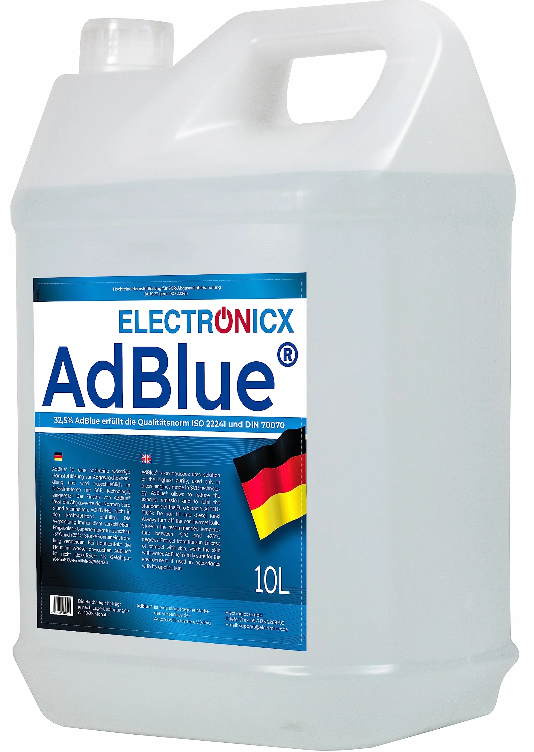 Electronicx AdBlue 10 L – 1×10 litrów roztworu mocznika do pojazdów z silnikiem Diesla – ISO 22241/1 & DIN 70070 – licencja VDA – technologia SCR – redukcja emisji – gotowy do użycia