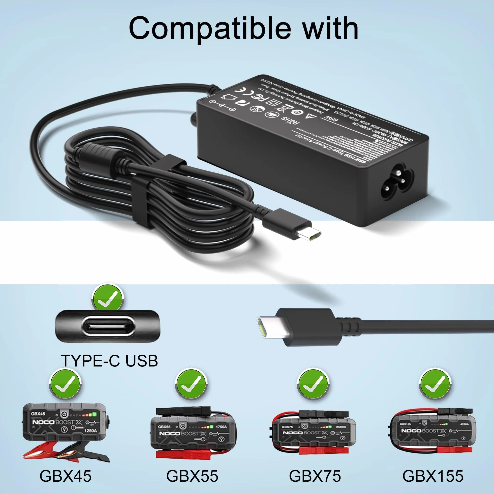65W USB C NOCO GBC011 Adapter ładowarki do NOCO Boost Air AX65, NOCO Boost X GBX45 1250A GBX55 1750A GBX75 2500A GBX155 4250A UltraSafe przenośny starter awaryjny Typ C kabel zasilający
