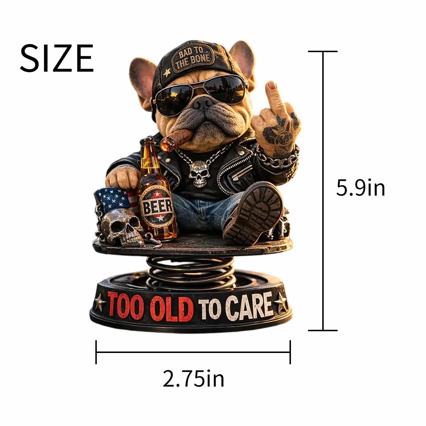 Too Old to Care Dashboard Bobblehead, interesujący buldog odnosi się do dekoracji samochodu, zabawna dekoracja deski rozdzielczej samochodu z podstawą sprężynową, humorystyczna dekoracja deski