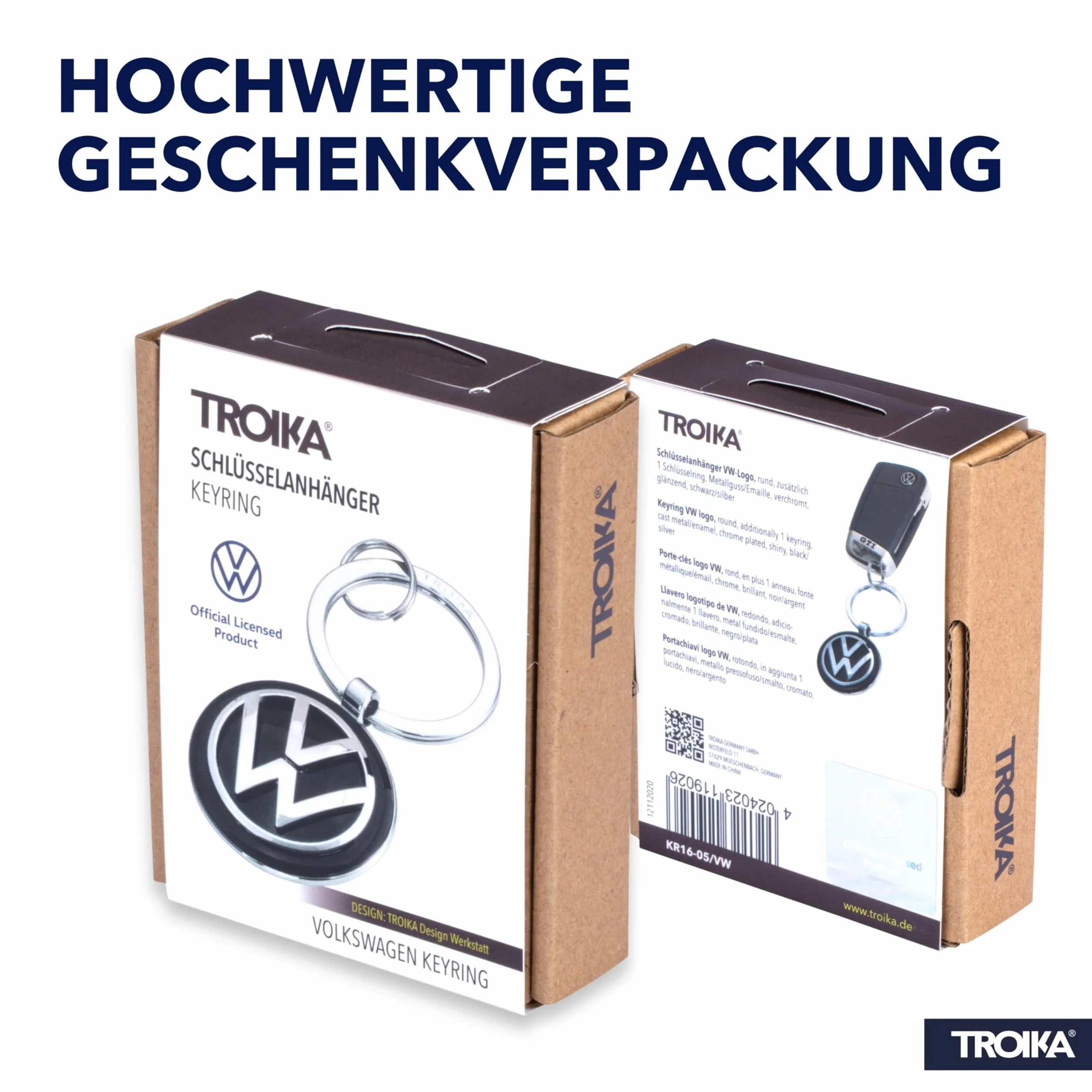 TROIKA Breloczek do kluczy KEYRING - KR16-05/VW emblemat VW 1 kółko na klucze dodatkowo oficjalna licencja Volkswagen - odlew metalowy błyszczący - oryginalny, 7 cm, czarny/srebrny, 7 cm, brelok