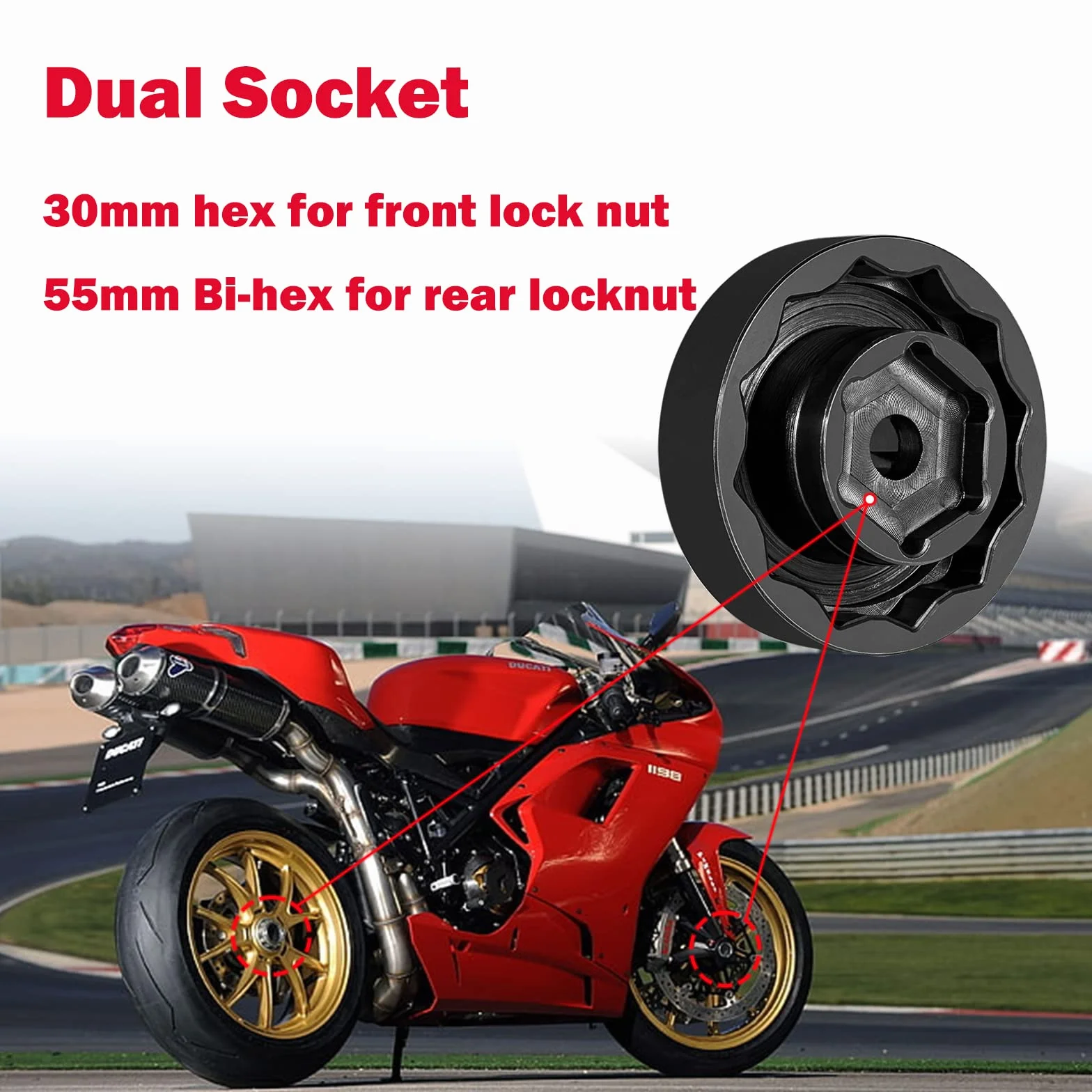 E-cowlboy Narzędzie do nakrętki przedniej osi tylnego koła pasuje do motocykli Ducati ATV Super Bike 1098 1198 1199 Panigale Multistrada Diavel (30 mm + 55 mm)