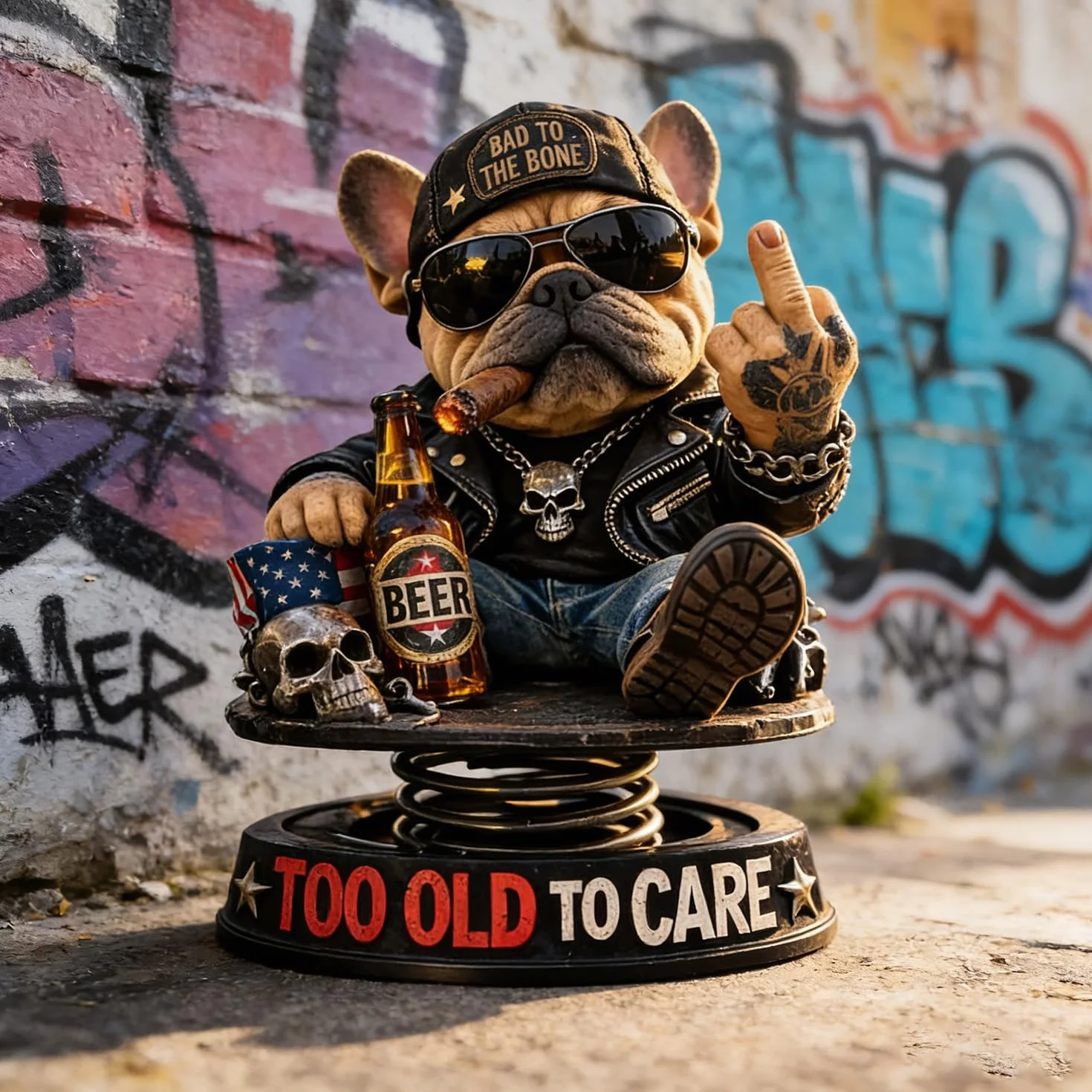 Too Old to Care Dashboard Bobblehead, interesujący buldog odnosi się do dekoracji samochodu, zabawna dekoracja deski rozdzielczej samochodu z podstawą sprężynową, humorystyczna dekoracja deski