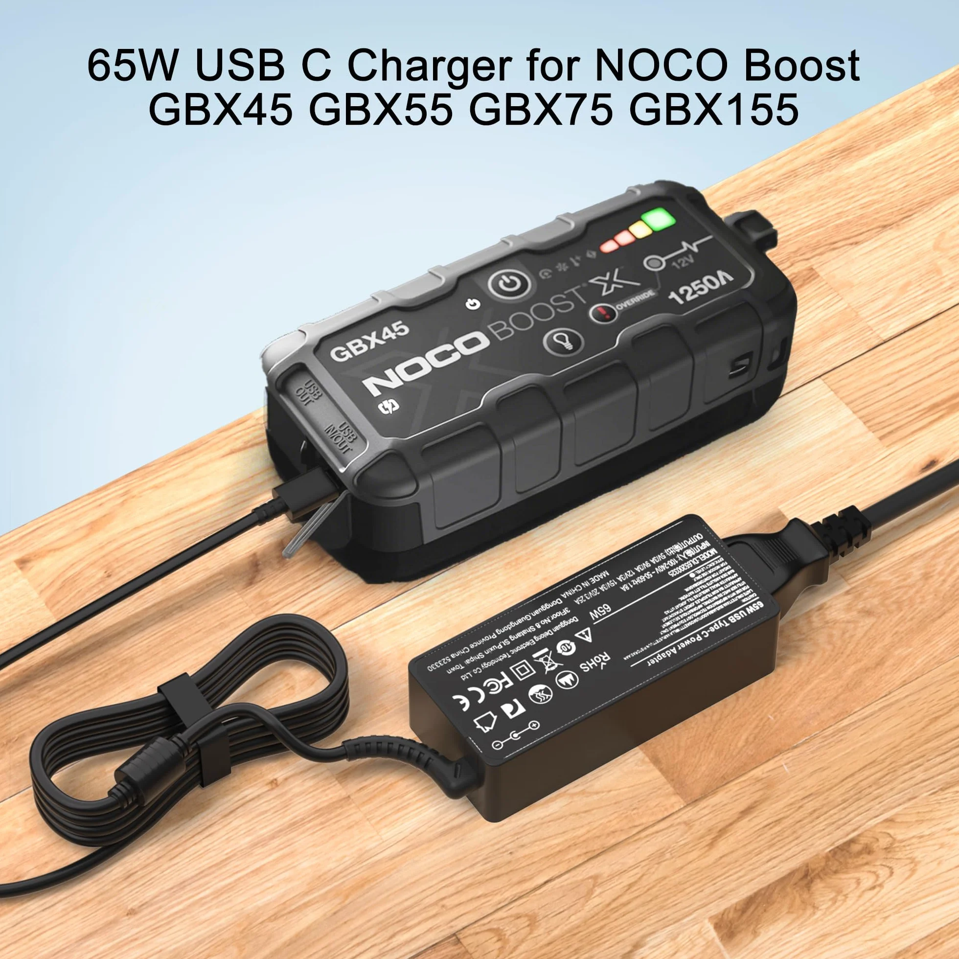 65W USB C NOCO GBC011 Adapter ładowarki do NOCO Boost Air AX65, NOCO Boost X GBX45 1250A GBX55 1750A GBX75 2500A GBX155 4250A UltraSafe przenośny starter awaryjny Typ C kabel zasilający