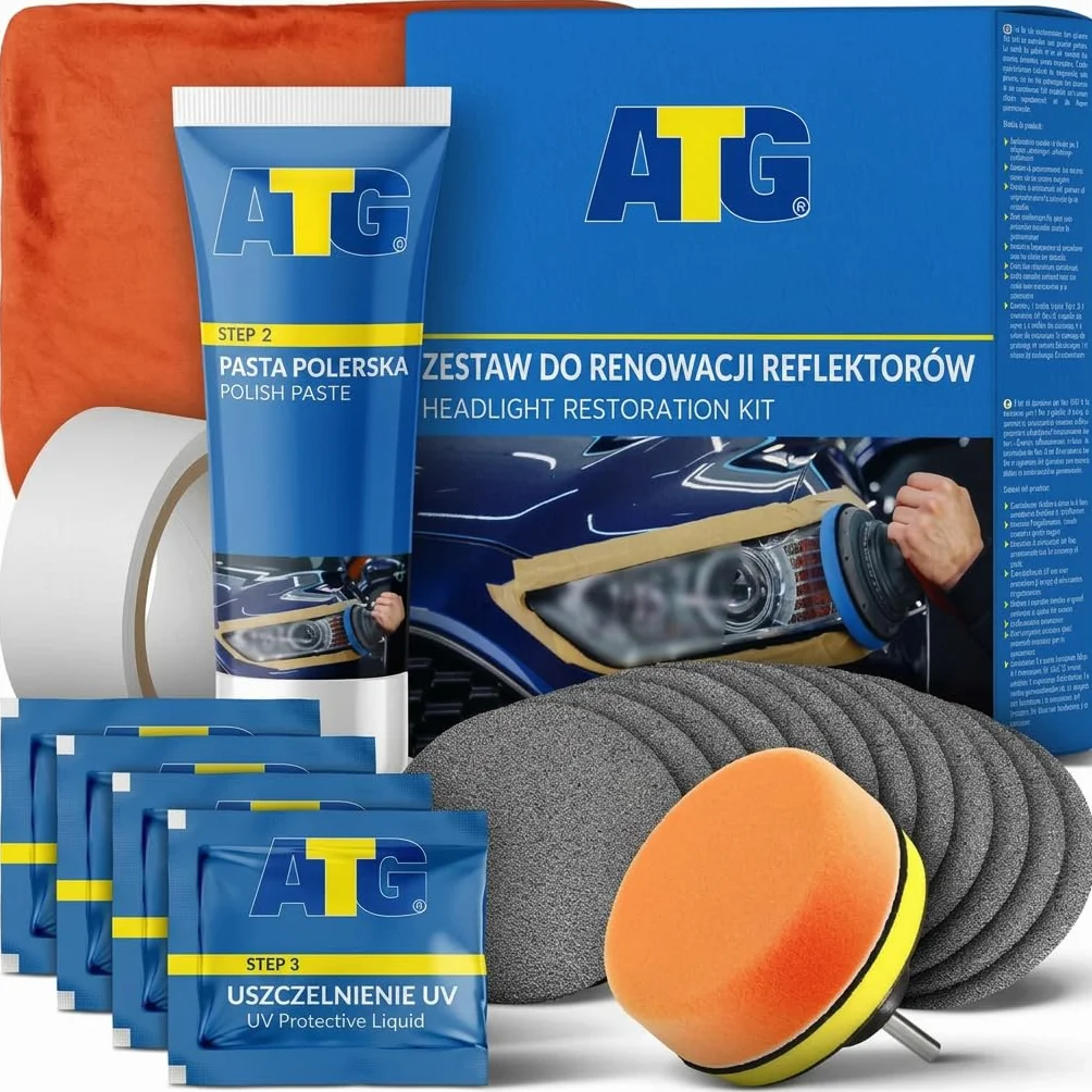 ATG Zestaw do polerowania reflektorów – przywraca matowe i pożółkłe lampy w kilka minut – zestaw do renowacji z ochroną UV – do auta i motocykla każdego typu
