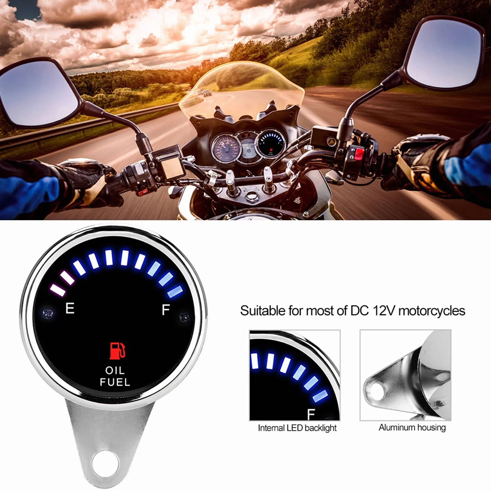 Wskaźnik Paliwa Akozon, DC 12V Uniwersalny Aluminiowy Motocykl Samochodowy Wyświetlacz LED Elektryczny Wskaźnik Paliwa Elektroniczny Miernik Poziomu