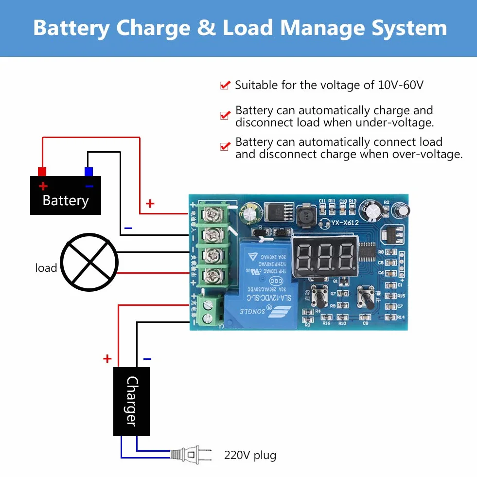 Kontroler baterii, 10 V-60 V 30 A moduł sterujący pod napięciem moduł nadmiernego rozładowania akumulatora, kontroler ładowania baterii