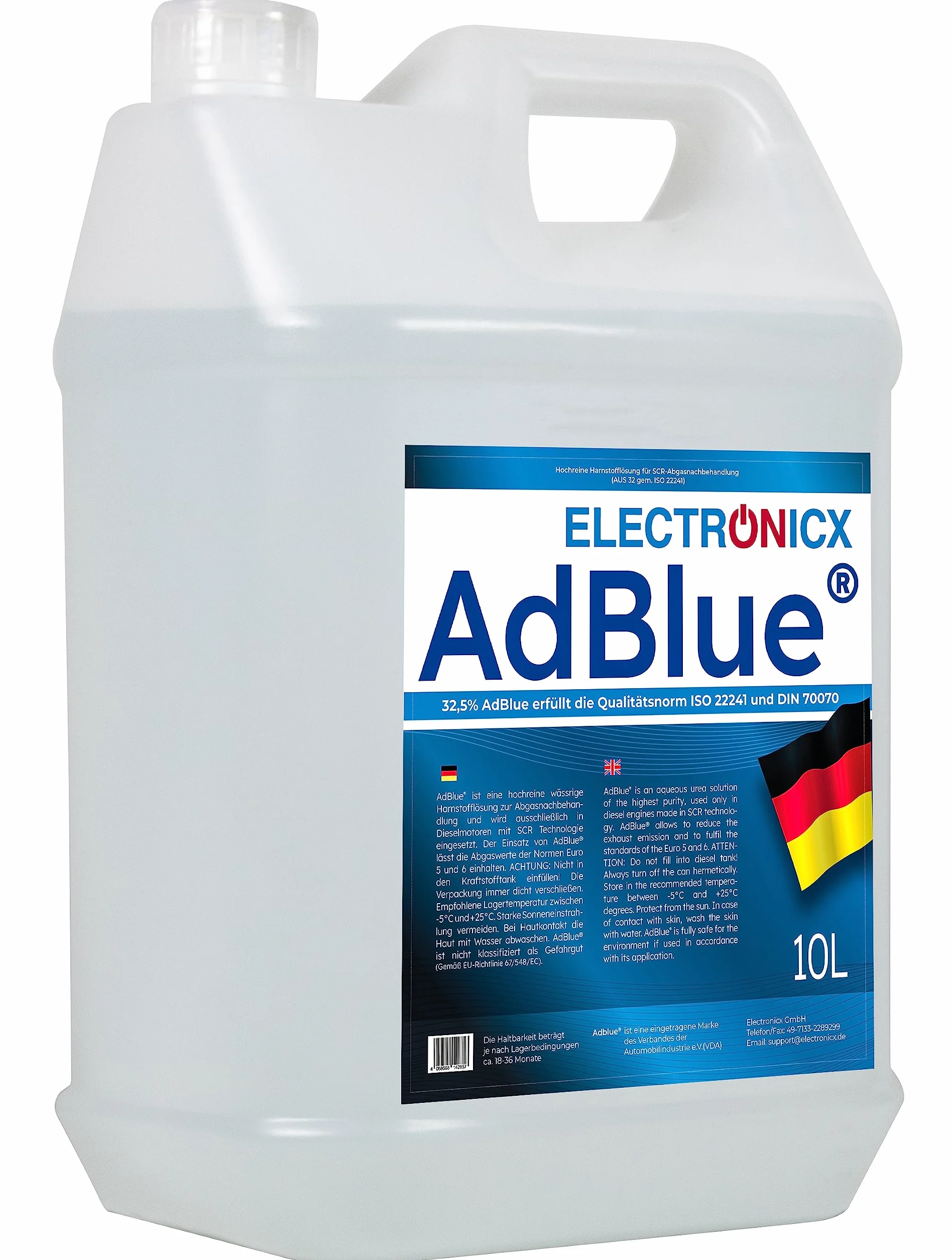 Electronicx AdBlue 10 L – 1×10 litrów roztworu mocznika do pojazdów z silnikiem Diesla – ISO 22241/1 & DIN 70070 – licencja VDA – technologia SCR – redukcja emisji – gotowy do użycia