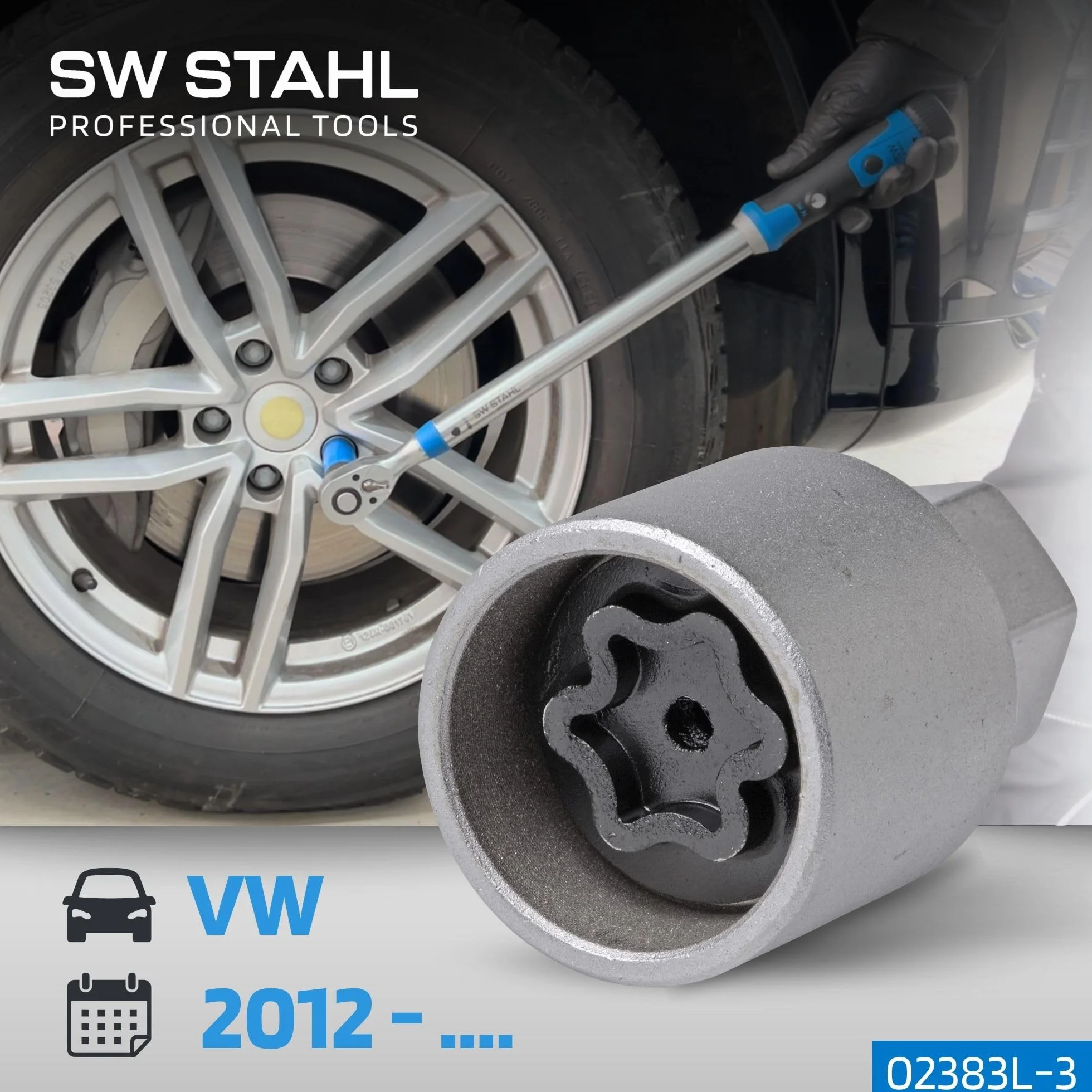 SW-Stahl 02383L-3 adapter do zamka felg, 523, nadaje się do VW I odkręcanie zamków felg I zabezpieczenie kół, narzędzie do demontażu, blokada obręczy, wykrętak i zabezpieczenie felg
