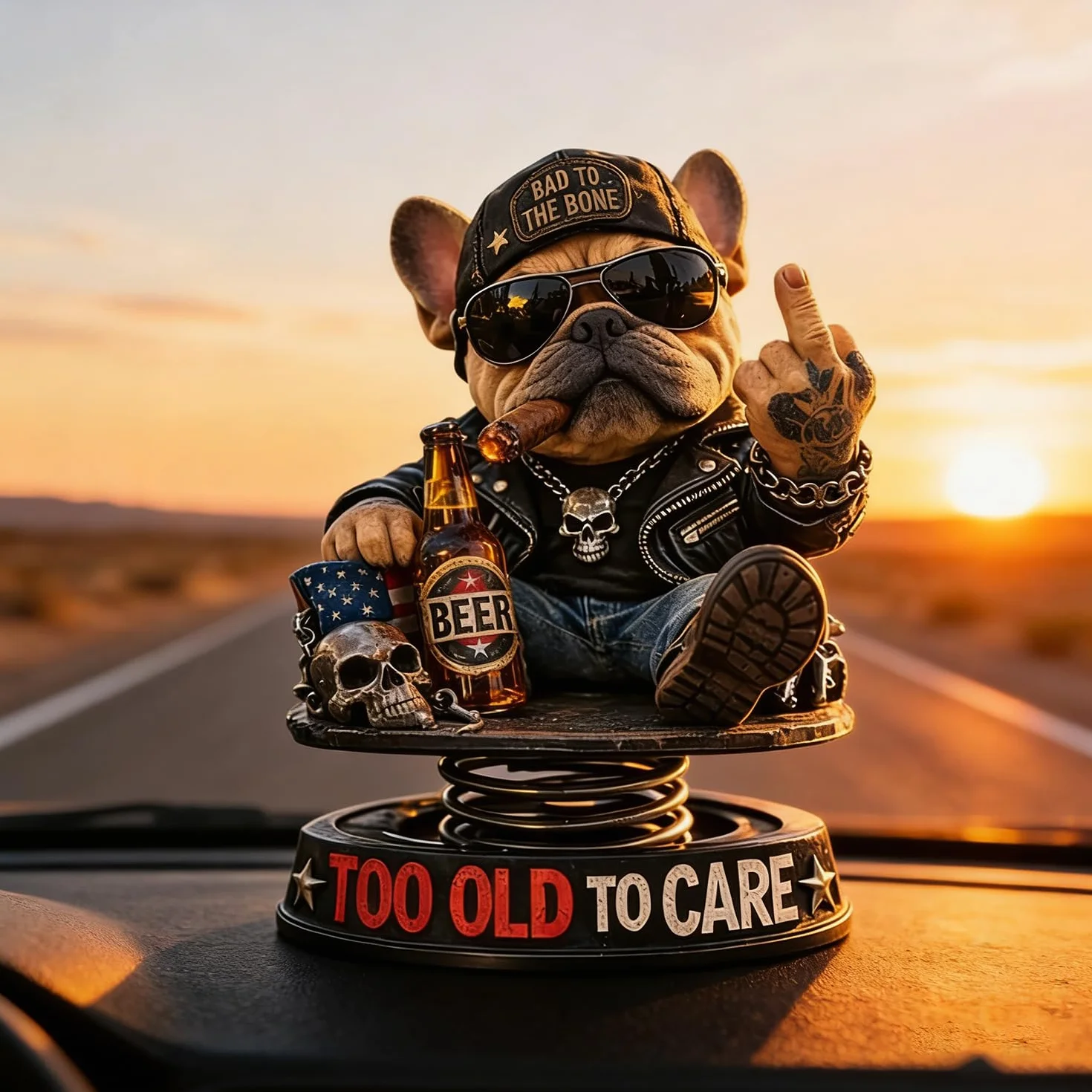 Too Old to Care Dashboard Bobblehead, interesujący buldog odnosi się do dekoracji samochodu, zabawna dekoracja deski rozdzielczej samochodu z podstawą sprężynową, humorystyczna dekoracja deski