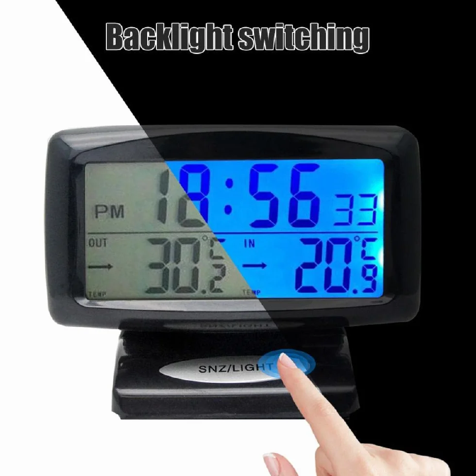 Termometr do pomiaru temperatury wewnątrz i na zewnątrz samochodu, elektroniczny zegar z niebieskim podświetleniem LCD z cyfrowym wyświetlaczem i termometrem