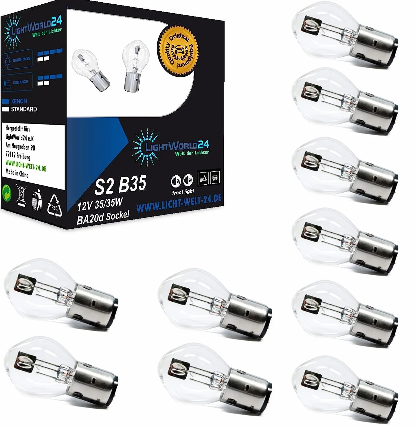 LIGHTWORLD24 BA20d S2 35/35W 12V reflektor halogenowy do motocykla, super jasne światła drogowe, światła mijania, skutera, skutera, skutera, Bilux, żarówki, 10 sztuk