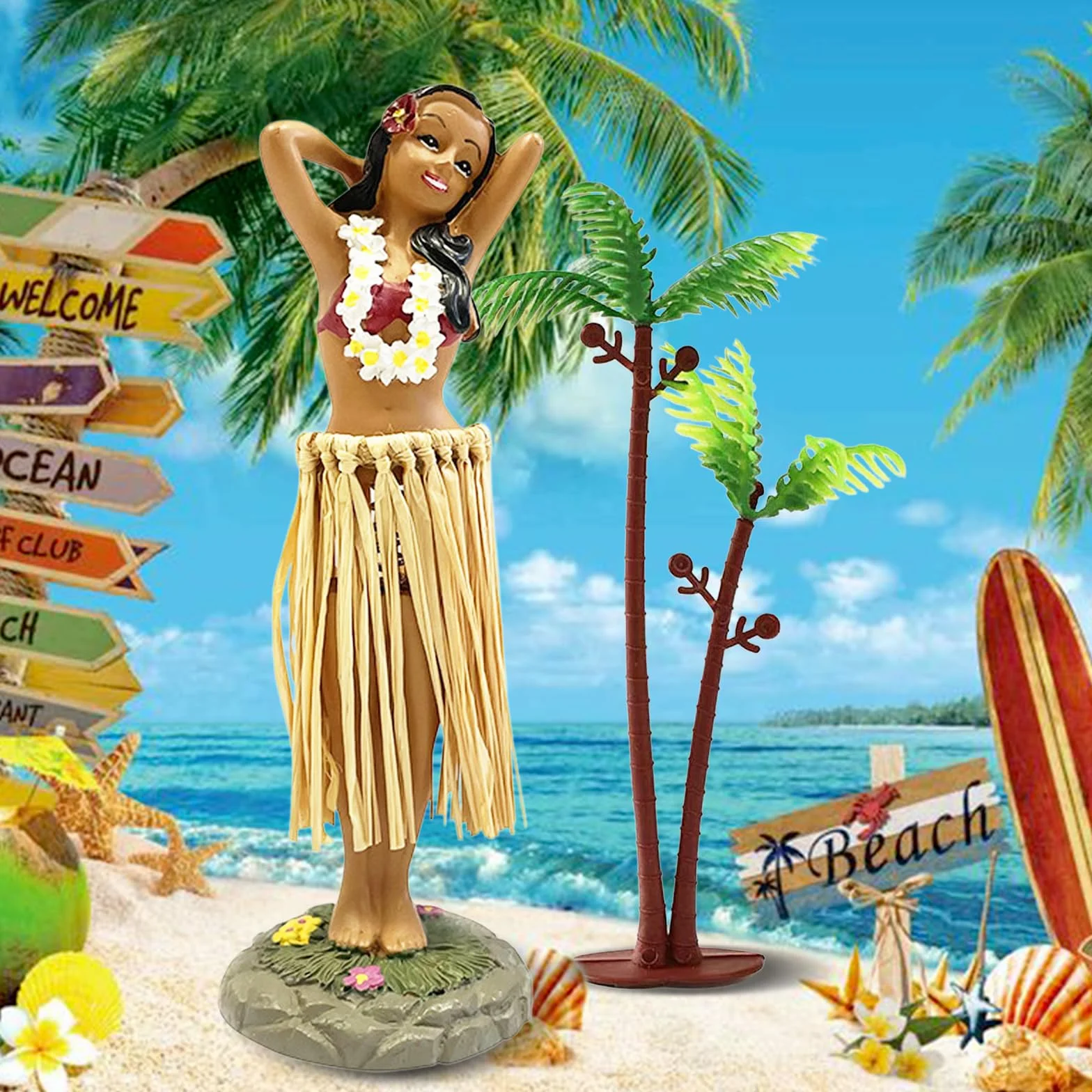 Hawajska figurka do tańca, ornamenty na deskę rozdzielczą, kołysząca się głowa, figurka samochodu, hawajska hula girl, zabawka z drzewem kokosowym, przezroczysty klej, akcesoria, biurko, 16 x 5 cm