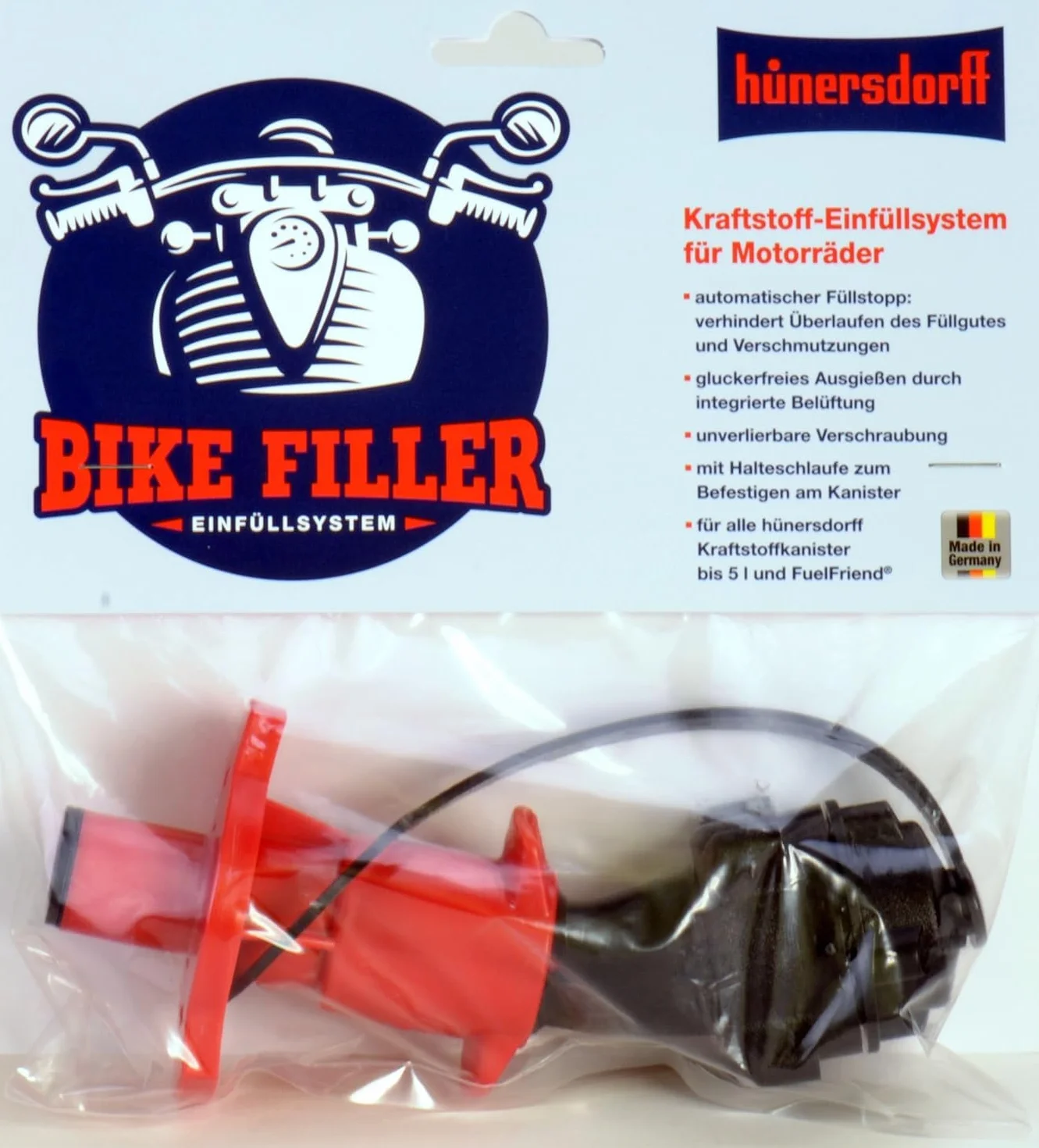 hünersdorff Bezpieczny system napełniania paliwa HD-PE, idealny do mocowania na zbiornikach motocyklowych, czarny/czerwony, 16,0 x 5,4 x 5,4 cm