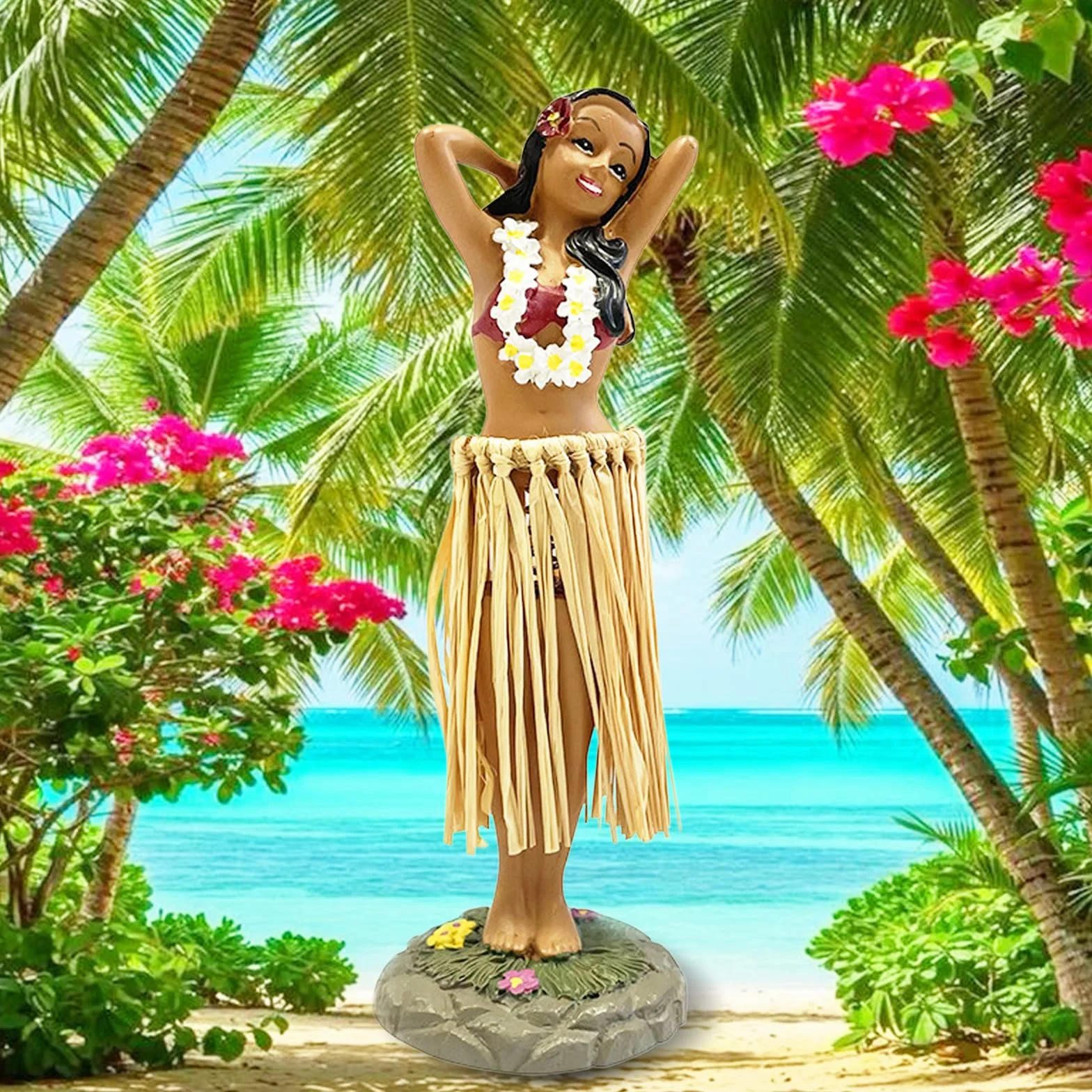Hawajska figurka do tańca, ornamenty na deskę rozdzielczą, kołysząca się głowa, figurka samochodu, hawajska hula girl, zabawka z drzewem kokosowym, przezroczysty klej, akcesoria, biurko, 16 x 5 cm