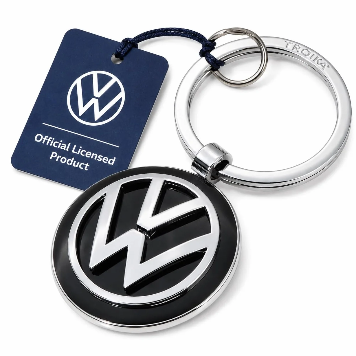 TROIKA Breloczek do kluczy KEYRING - KR16-05/VW emblemat VW 1 kółko na klucze dodatkowo oficjalna licencja Volkswagen - odlew metalowy błyszczący - oryginalny, 7 cm, czarny/srebrny, 7 cm, brelok