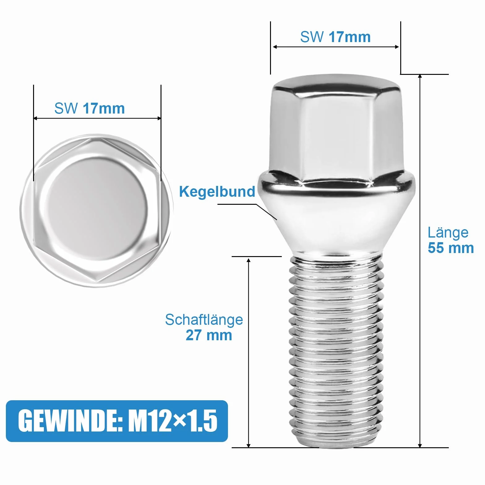 20 śrub do kół I M12 x 1,5 x 28 mm I stożkowy kołnierz SW 17 mm I kompatybilne z BMW