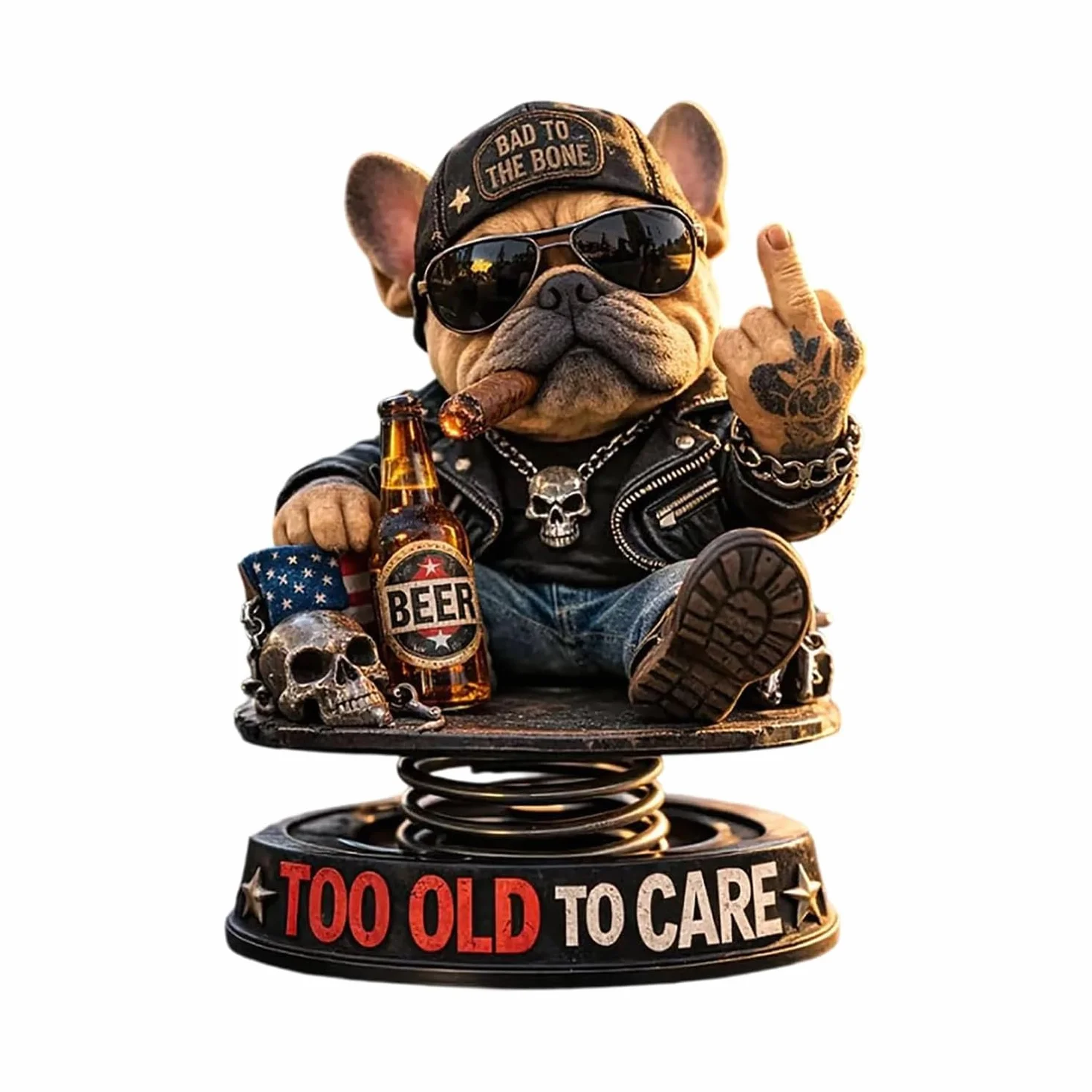 Too Old to Care Dashboard Bobblehead, interesujący buldog odnosi się do dekoracji samochodu, zabawna dekoracja deski rozdzielczej samochodu z podstawą sprężynową, humorystyczna dekoracja deski