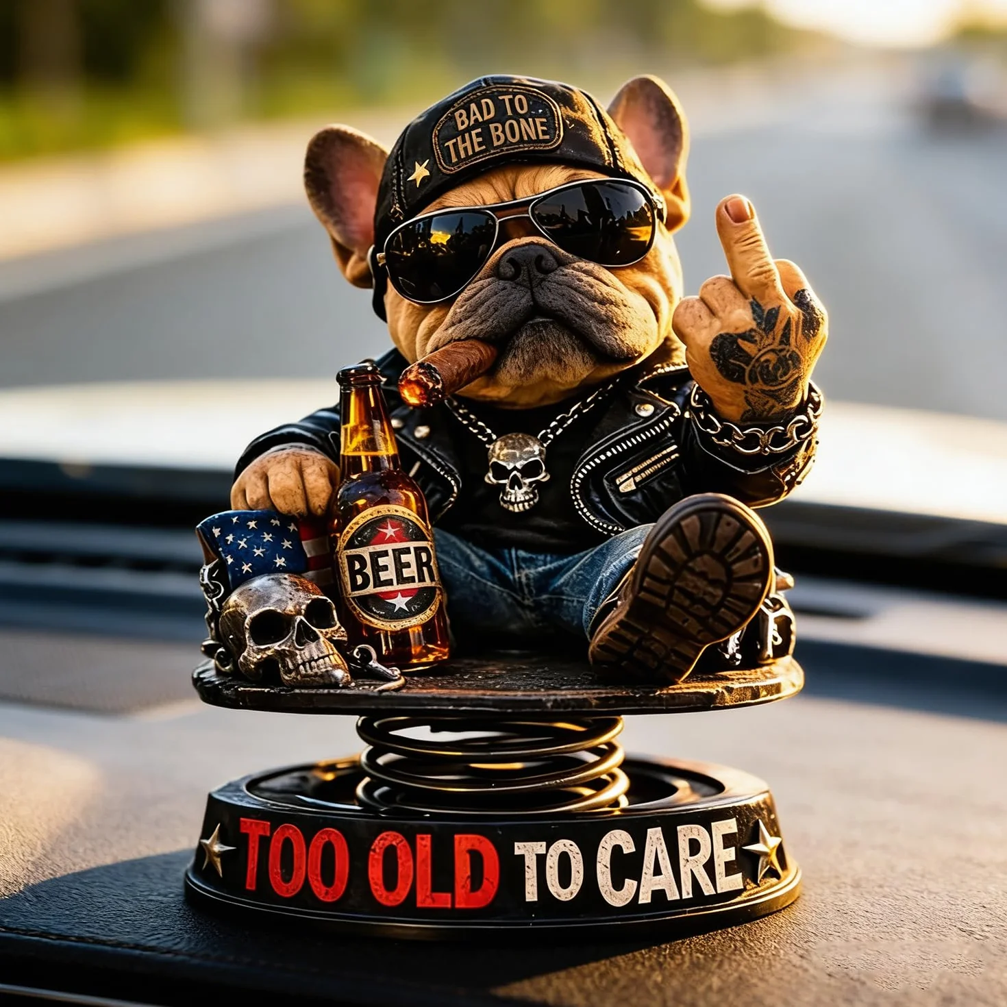 Too Old to Care Dashboard Bobblehead, interesujący buldog odnosi się do dekoracji samochodu, zabawna dekoracja deski rozdzielczej samochodu z podstawą sprężynową, humorystyczna dekoracja deski