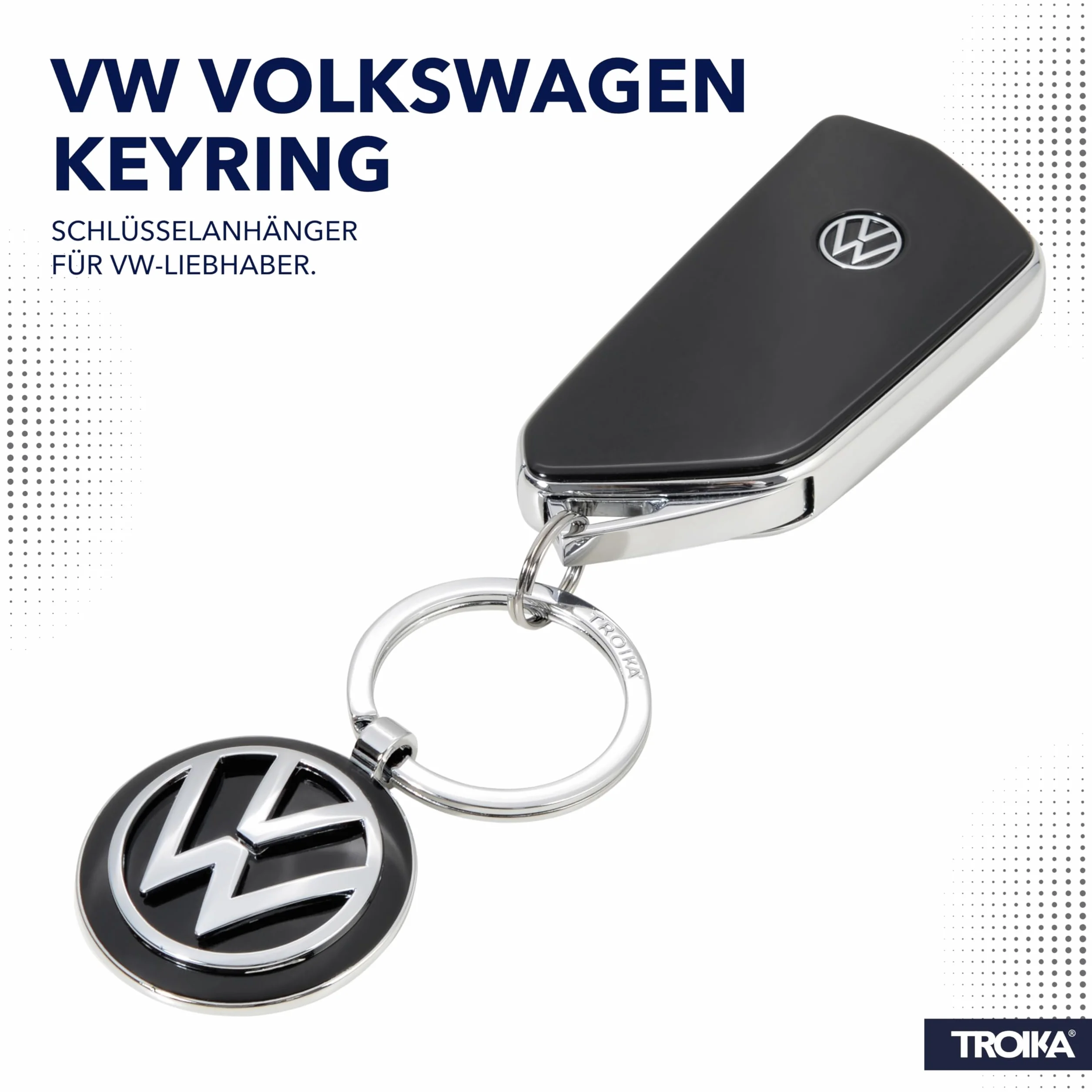 TROIKA Breloczek do kluczy KEYRING - KR16-05/VW emblemat VW 1 kółko na klucze dodatkowo oficjalna licencja Volkswagen - odlew metalowy błyszczący - oryginalny, 7 cm, czarny/srebrny, 7 cm, brelok