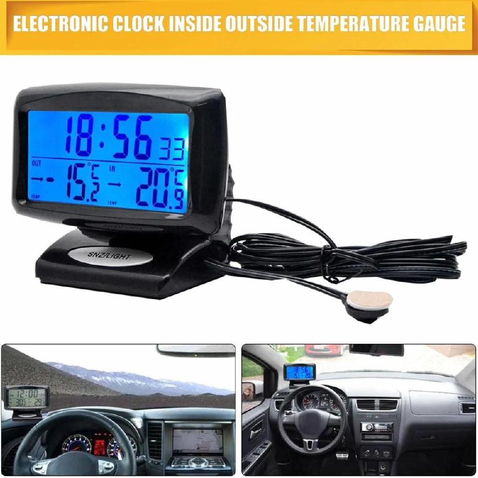 Termometr do pomiaru temperatury wewnątrz i na zewnątrz samochodu, elektroniczny zegar z niebieskim podświetleniem LCD z cyfrowym wyświetlaczem i termometrem