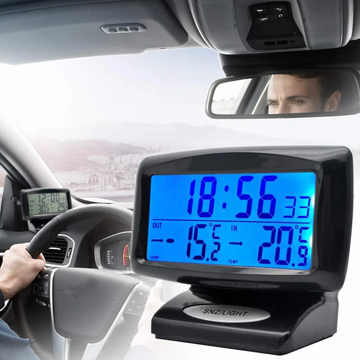 Termometr do pomiaru temperatury wewnątrz i na zewnątrz samochodu, elektroniczny zegar z niebieskim podświetleniem LCD z cyfrowym wyświetlaczem i termometrem