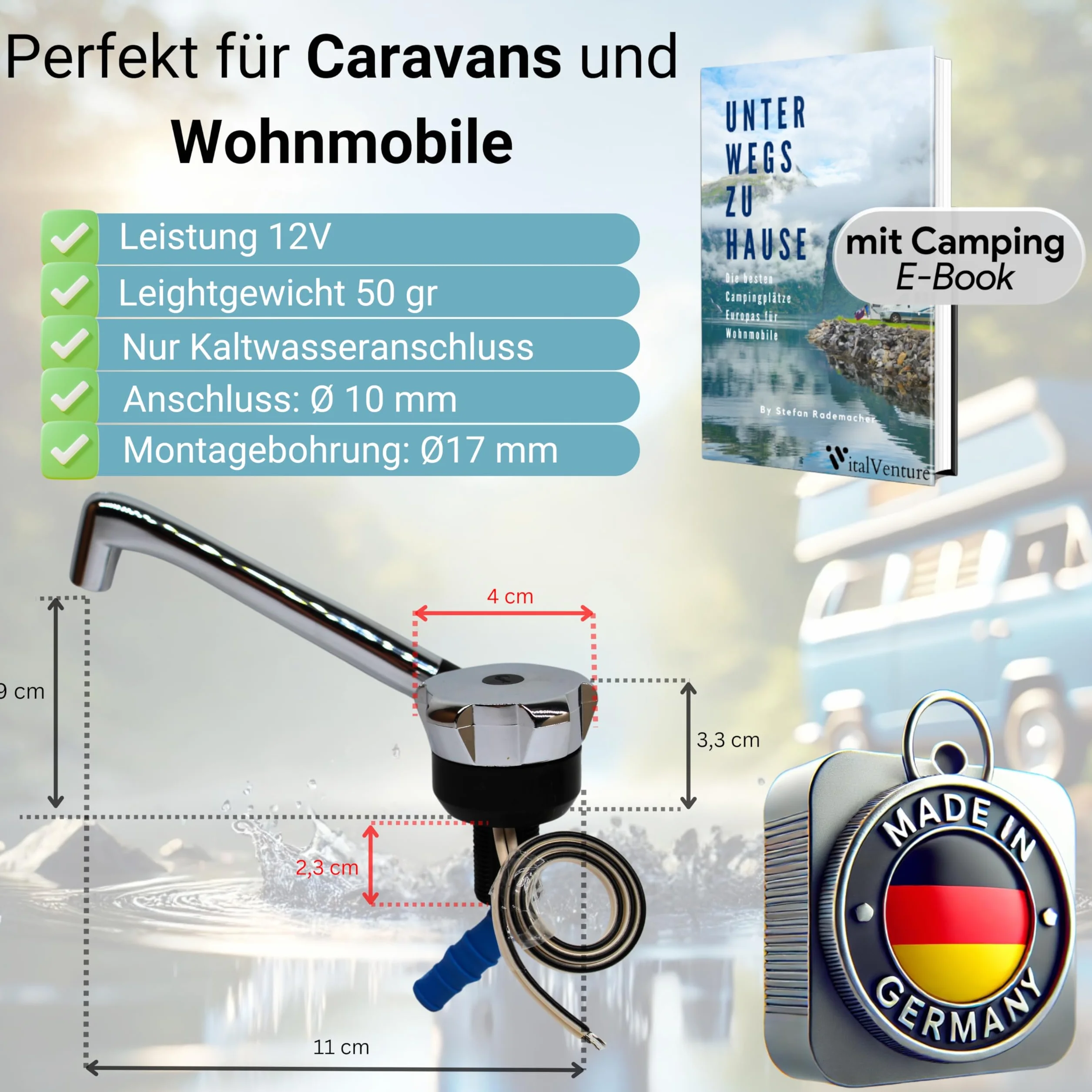 Comet kran NOVO 12 V do przyczepy kempingowej – z przyłączem 10 mm (zimny), czarny/chrom, kompaktowy kran kempingowy z pompką, idealny do umywalki, kampera