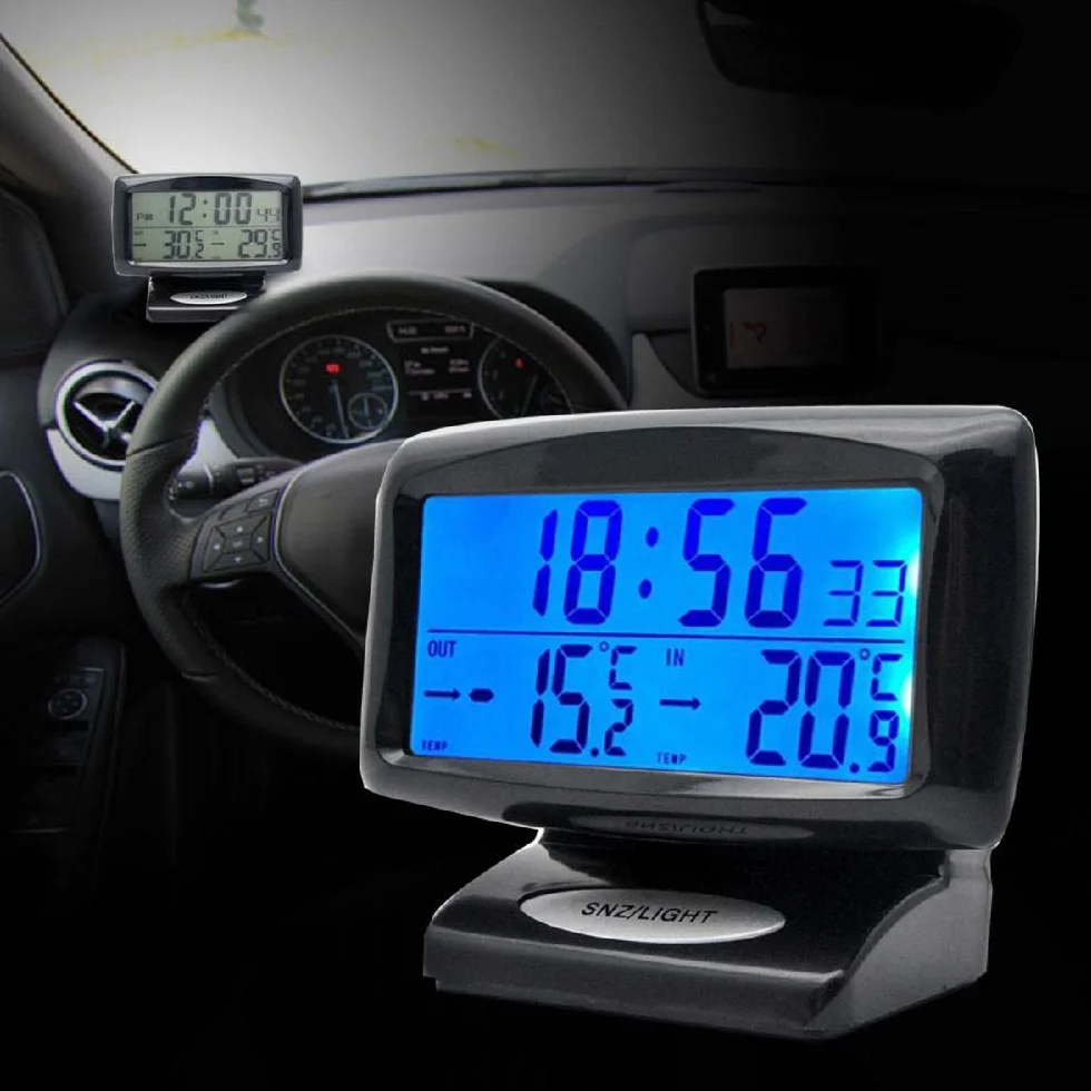 Termometr do pomiaru temperatury wewnątrz i na zewnątrz samochodu, elektroniczny zegar z niebieskim podświetleniem LCD z cyfrowym wyświetlaczem i termometrem